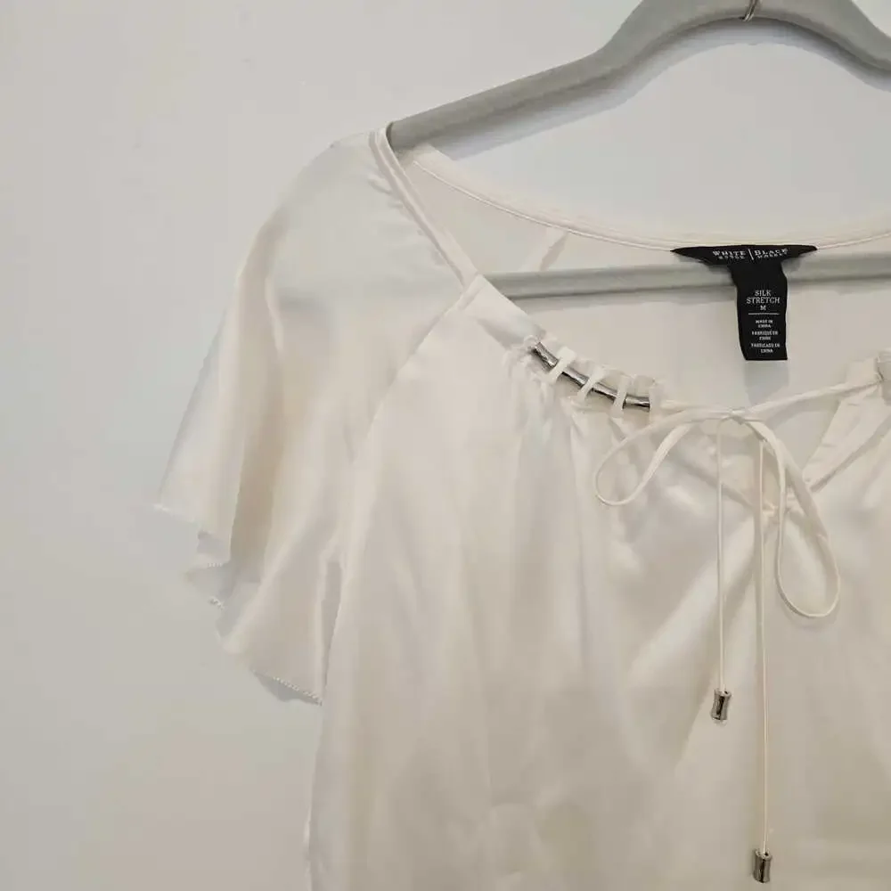 WHMB Silk Stretch Ivory Tie-Neck Peasant Top Size M Boho Romantic Feminine - Picture 2 of 6